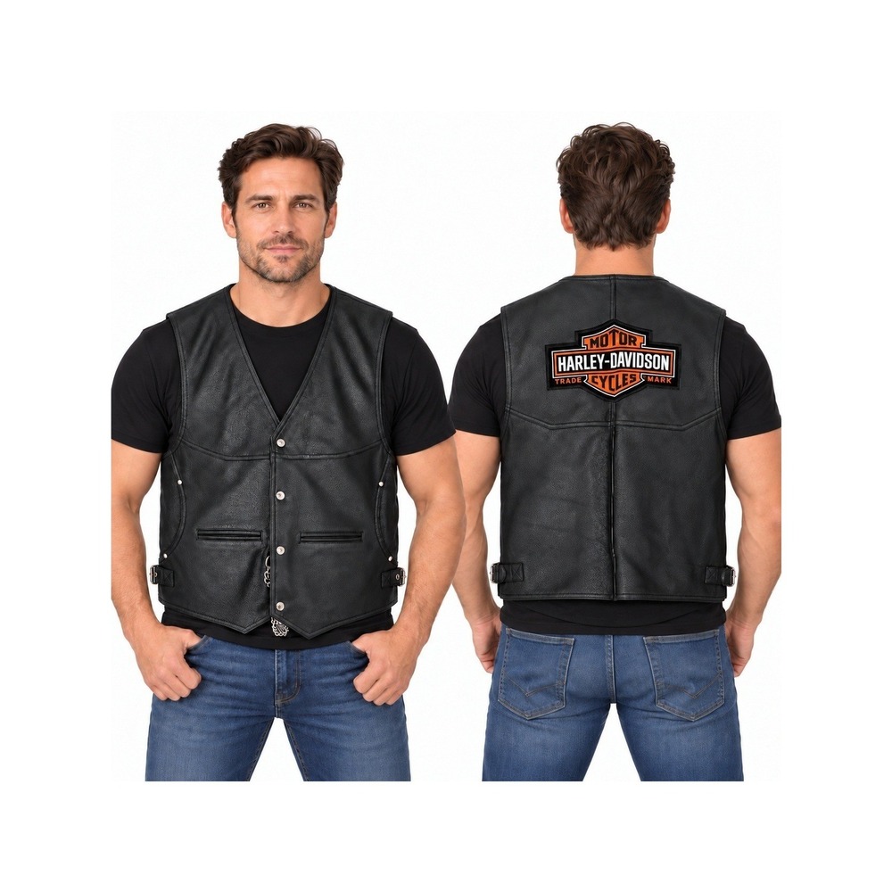 First Mfg Leather Motorcycle Vest Men's XL Harley-Davidson Patch Chain Extenders